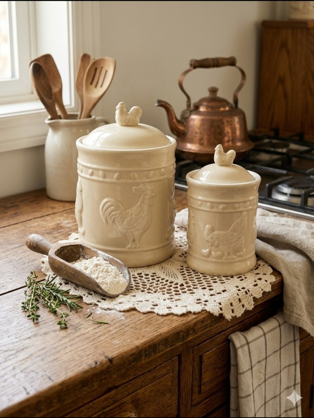 Vintage Farmhouse Ceramic Canisters Set of 2 | Embossed Rooster Hen
